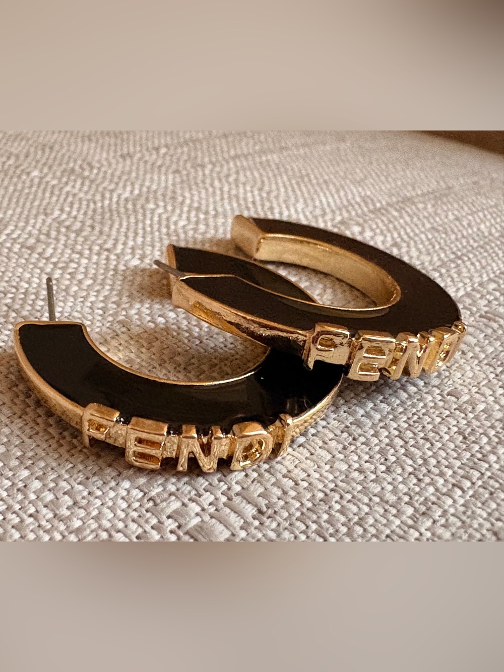 Fendi Black Enamel Hoop Earrings with Gold Logo Accents - Picture 5 of 6